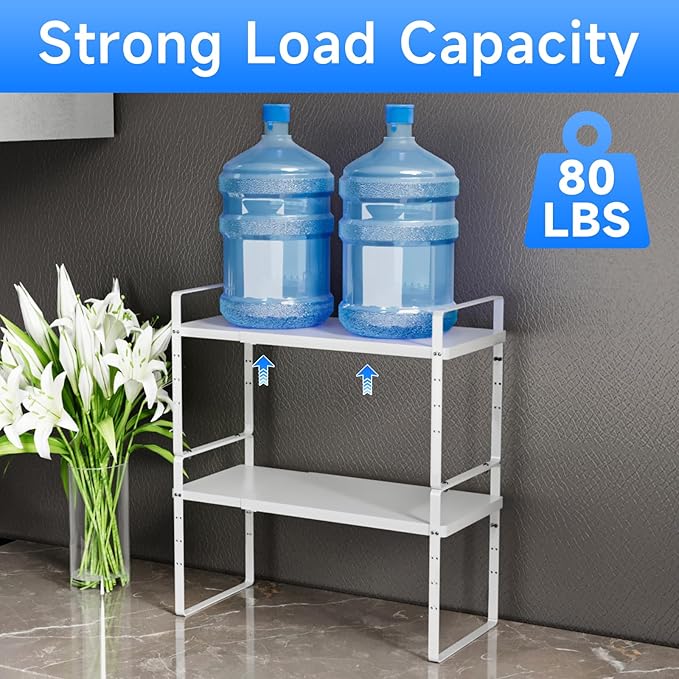 Expandable Cabinet Shelf Organizer, Stackable Kitchen Pantry Counter Storage, Adjustable Closet Cupboard Stand Rack Risers Spice Organization 80LBS Heavy Duty White Large 1 Pack