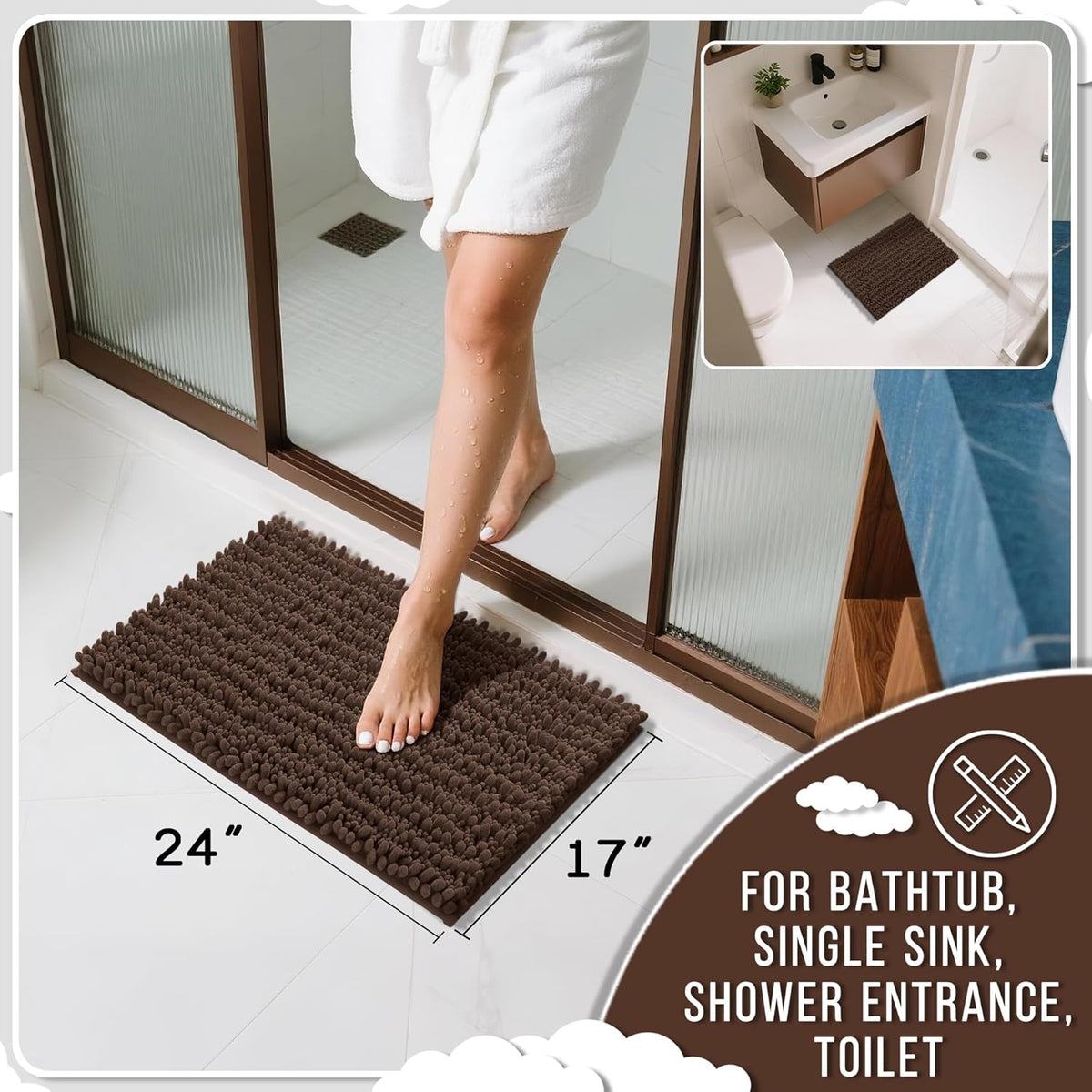 Yimobra Bathroom Rugs Non Slip Washable 24x17 Inch - Ultra Soft Absorbent Chenille Bath Mat, Quick Dry Shaggy Floor Carpet for Tub Shower, Brown Home Decor Accessories