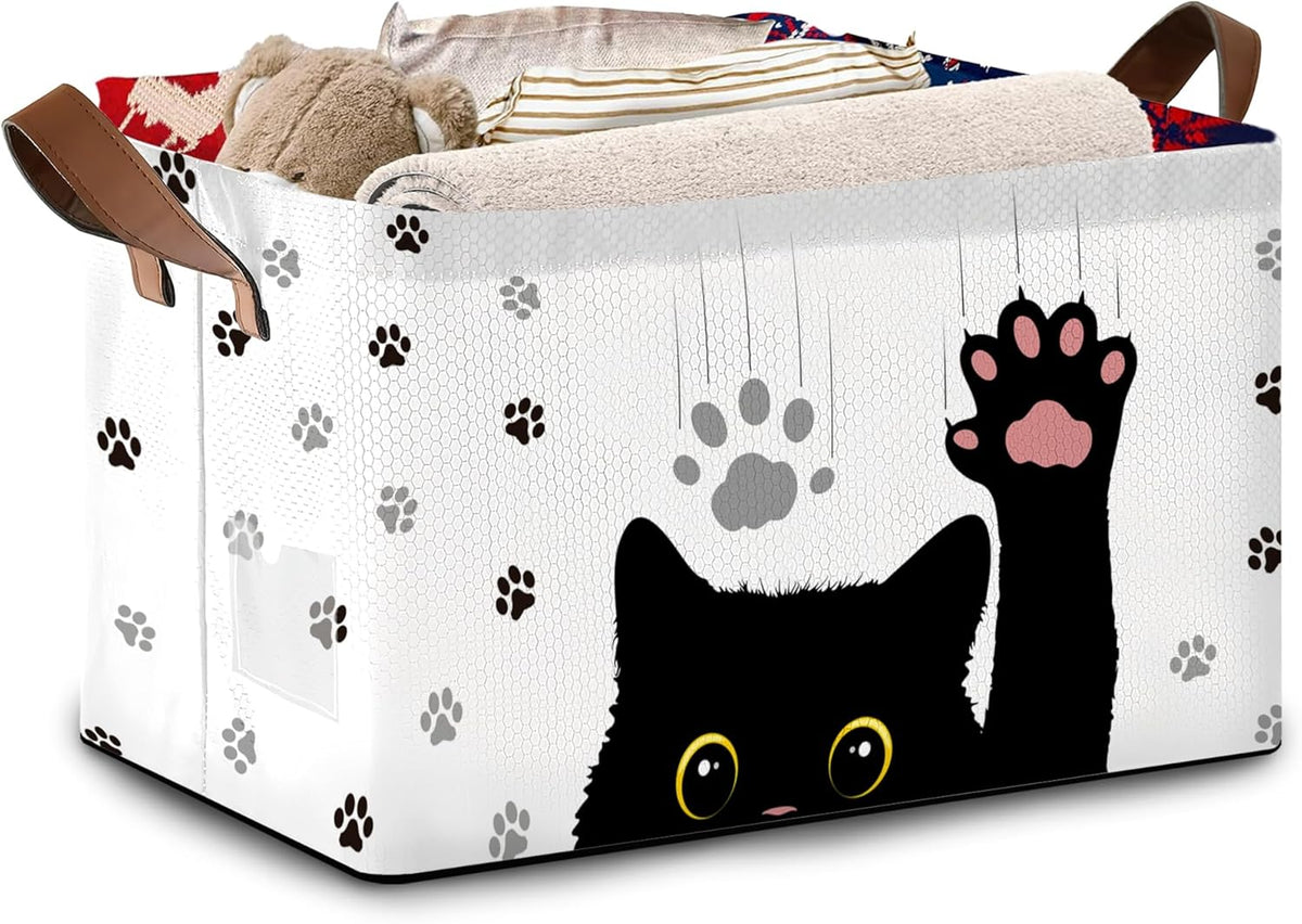 Black Cat Storage Basket Large 17x11.5x10.5 Inche-Collapsible Fabric Organizer Bin with Handles for Halloween Decor, Pet Lovers,Gothic Theme-Decorative Hamper with Minimalist Feline Design-Single Pack
