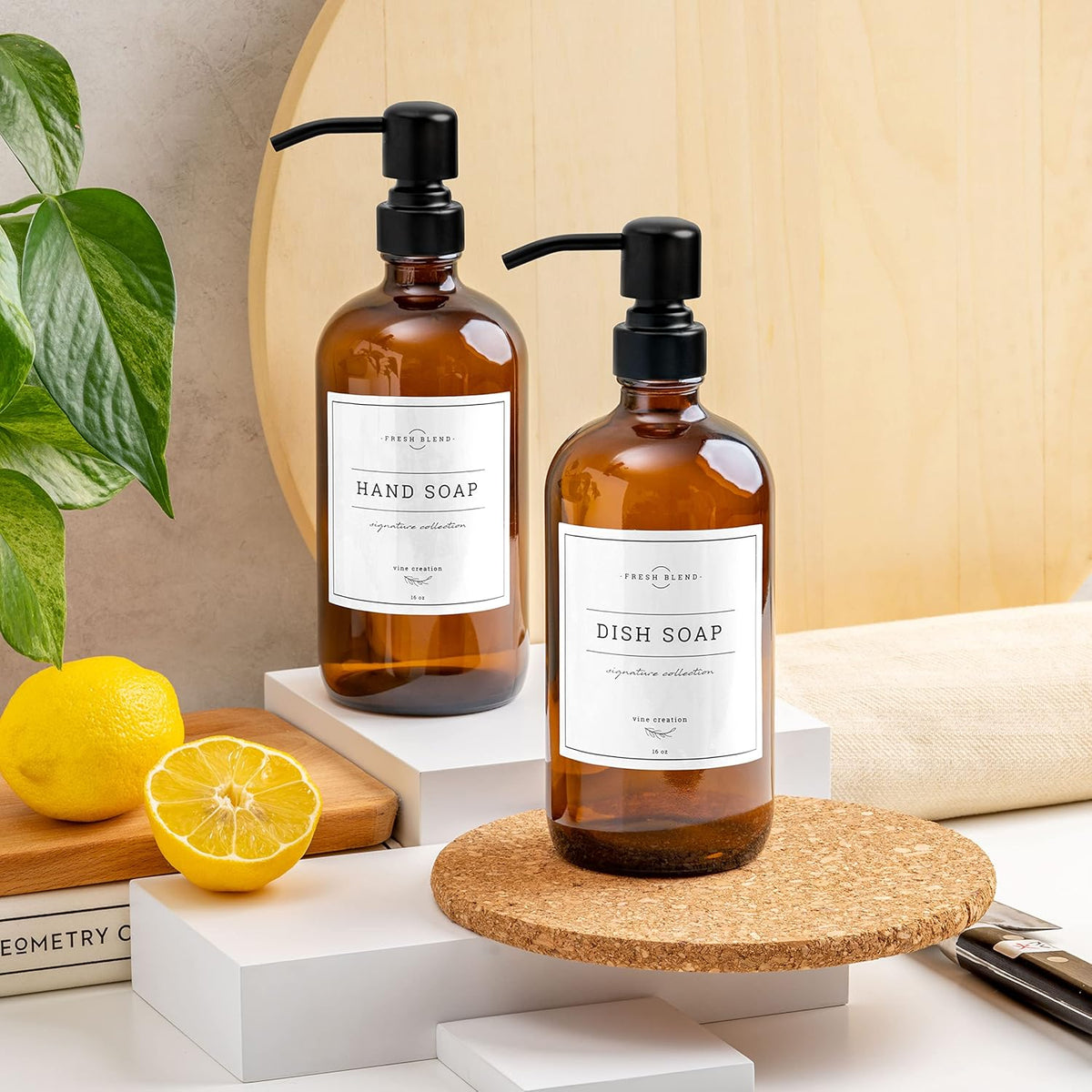 Vine Creations Amber Glass Soap Dispenser, 2 Pack Kitchen Soap Dispenser Set with Stainless Steel Pump, 16 oz Dish Soap and Hand Soap Dispensers for Bathroom with Waterproof Labels