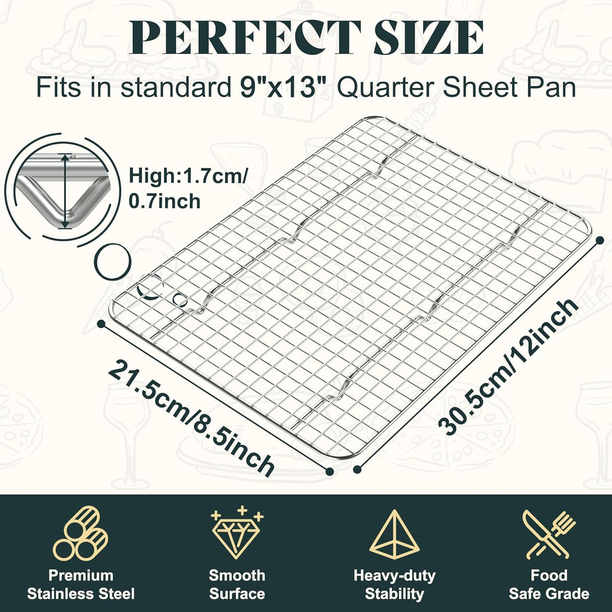 Cooling Racks for Cooking and Baking-8.5"x12" Oven Safe Premium Stainless Steel Heavy Duty Baking Rack Tight-Wire, Fits Quarter Sheet Pan for Roasting & Grilling & Cooking-Set of 2