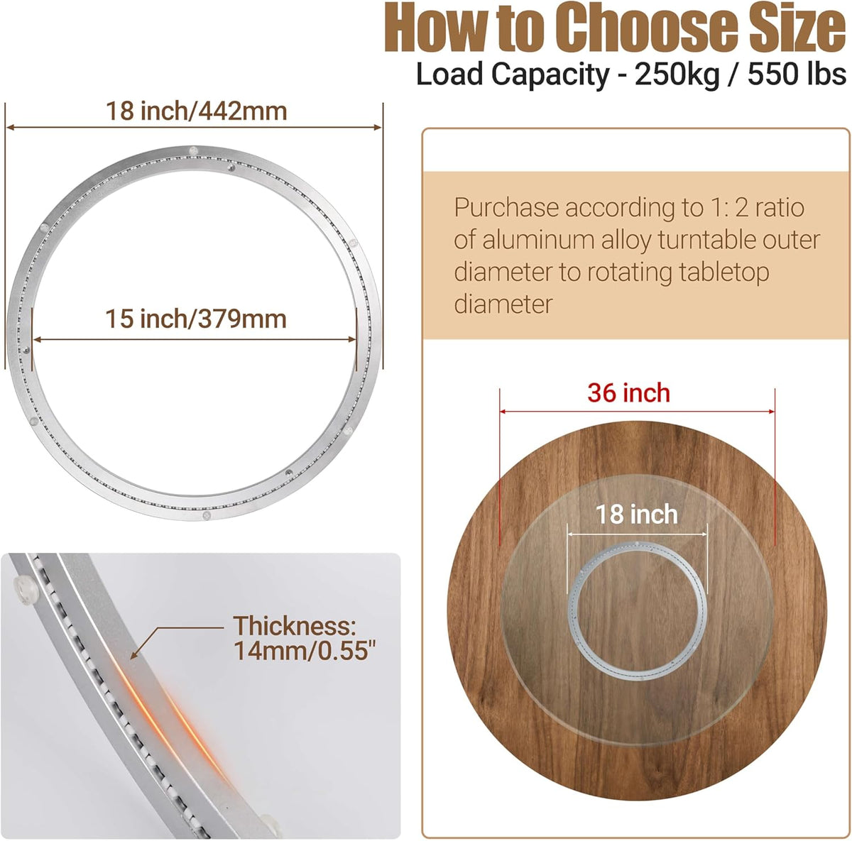 18 Inch Lazy Susan Heavy-Duty Aluminium Alloy Rotating Bearing Lazy Susan Hardware- Mute Bearing Turntable Ring Hardware for Dining and DIY Furniture (Capacity up to 550lb)