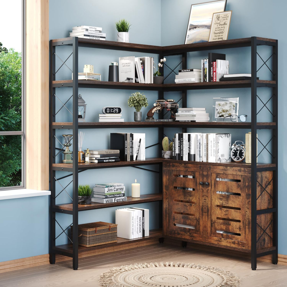Corner Bookshelves and Bookcases Industrial Corner Etagere Bookcase L Shaped Shelf 6 Tiers with Metal Frame for Living Room Home Office
