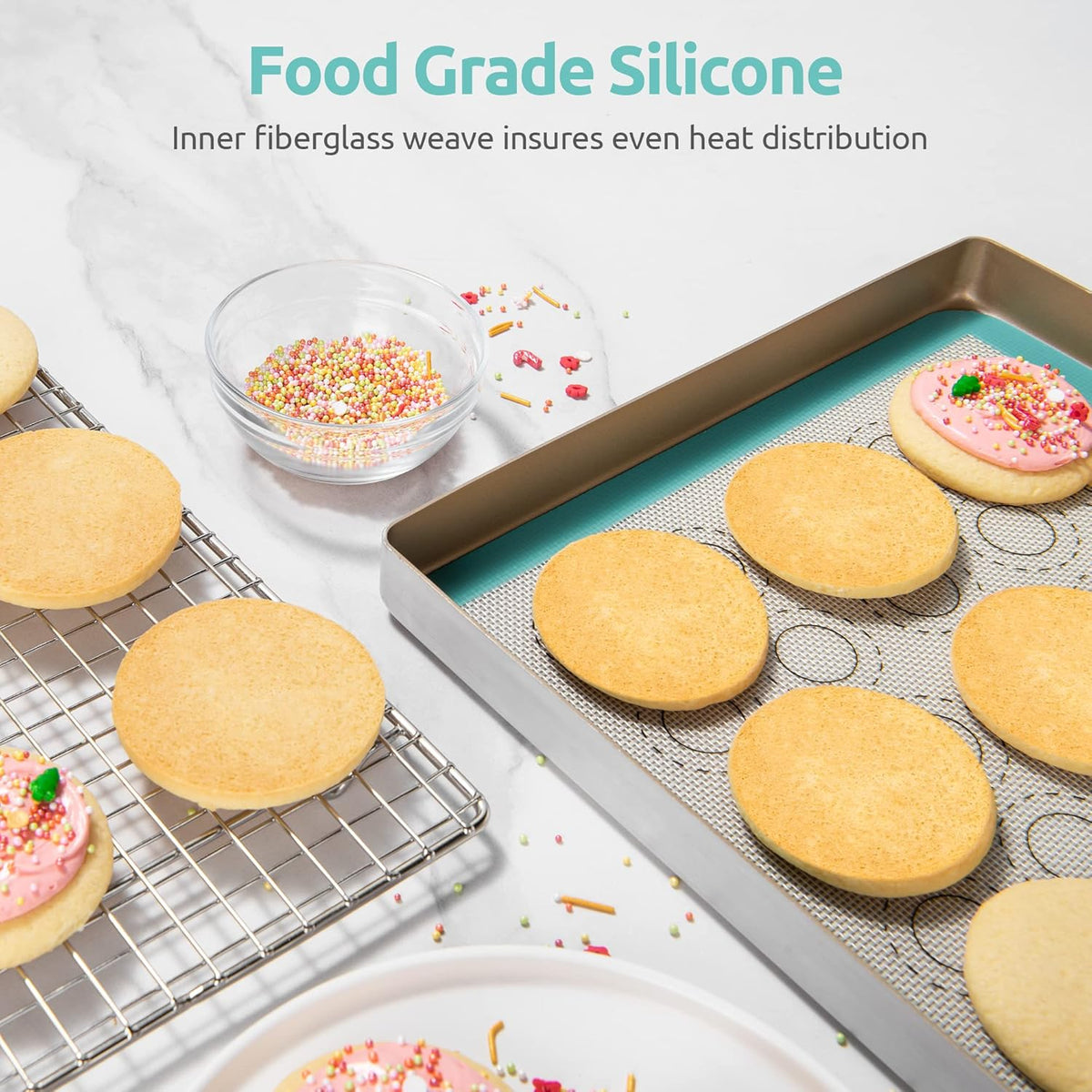 446ºF Heat Resistant Macaron Mat: U-Taste 11x11 Inch Non Stick Silicone Baking Mat, Reusable Cookies Pastry Sheet Liner with Edge Enhancement & Circle Measurement for Square Cake Pan (2 PCS, Aqua Sky)