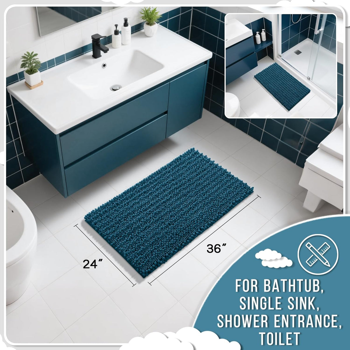 Yimobra Large Bathroom Rugs Non Slip Washable 36x24 Inch - Ultra Soft Absorbent Chenille Bath Mat, Quick Dry Shaggy Floor Carpet for Tub Shower, Peacock Blue Home Decor Accessories