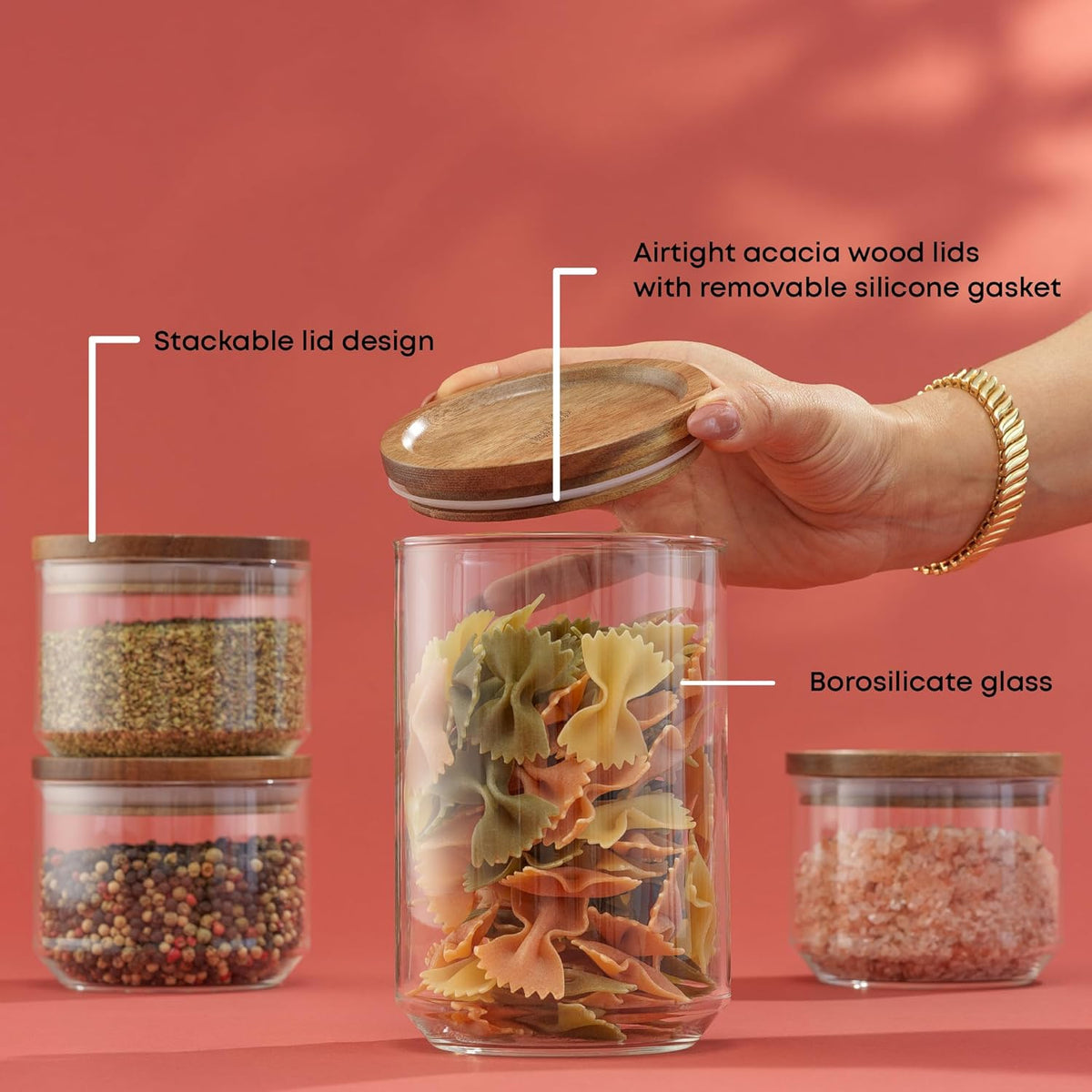JoyJolt Holden 7-Piece Stackable Glass Storage Containers with Lids, Airtight Food Canister Set with Acacia Wood Lids, Round Stacking Pantry and Kitchen Containers for Pasta, Flour, Sugar, Coffee