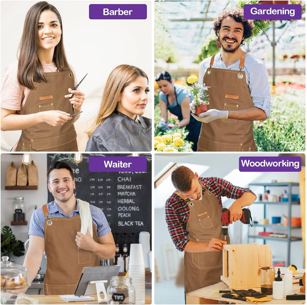 Genixart 6 Bulk Pack Chef Apron for Men Women with Pockets, Cross Back Apron for Kitchen Cooking Baking Artist Painting, Cotton Canvas Work Aprons for Restaurant, Cafe Shop, Garden (Brown, M to XXL)