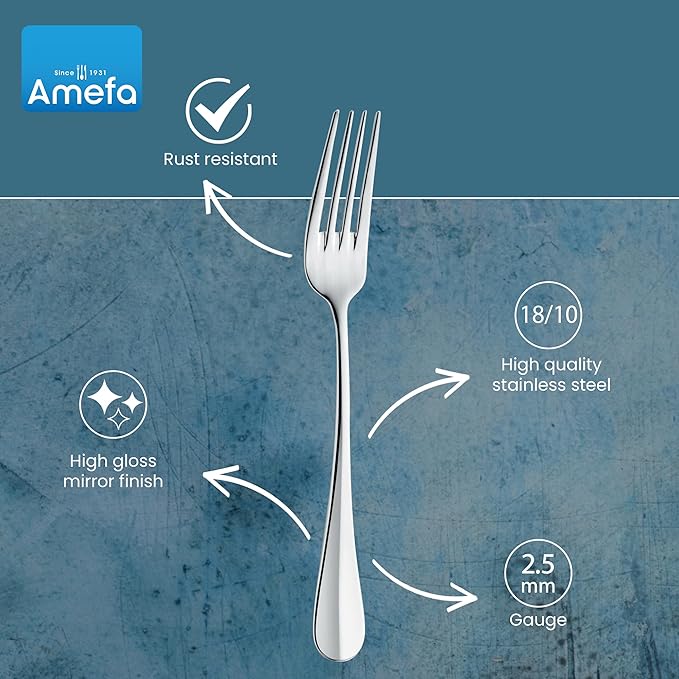 Amefa 45-Piece Silverware Flatware Cutlery Set Service for 8, Durable 18/10 Stainless Steel High Gloss Mirror Finish, tableware in Ergonomic Design Size and Weight, Dishwasher Safe (Baguette)