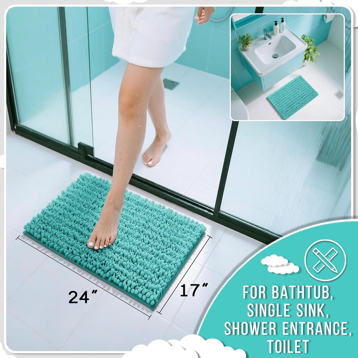 Yimobra Bathroom Rugs Non Slip Washable 24x17 Inch - Ultra Soft Absorbent Chenille Bath Mat, Quick Dry Shaggy Floor Carpet for Tub Shower, Lake Blue Home Decor Accessories