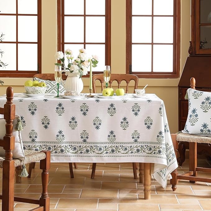 ISAENNE Designer White Linen Extra Long Rectangle Tablecloth,Chinoiserie Floral Elegant Indoor Table Cloth,Fall Stain Proof Decor Tablecloths for Dining Thanksgiving Kitchen,63"*110"-Mosella F