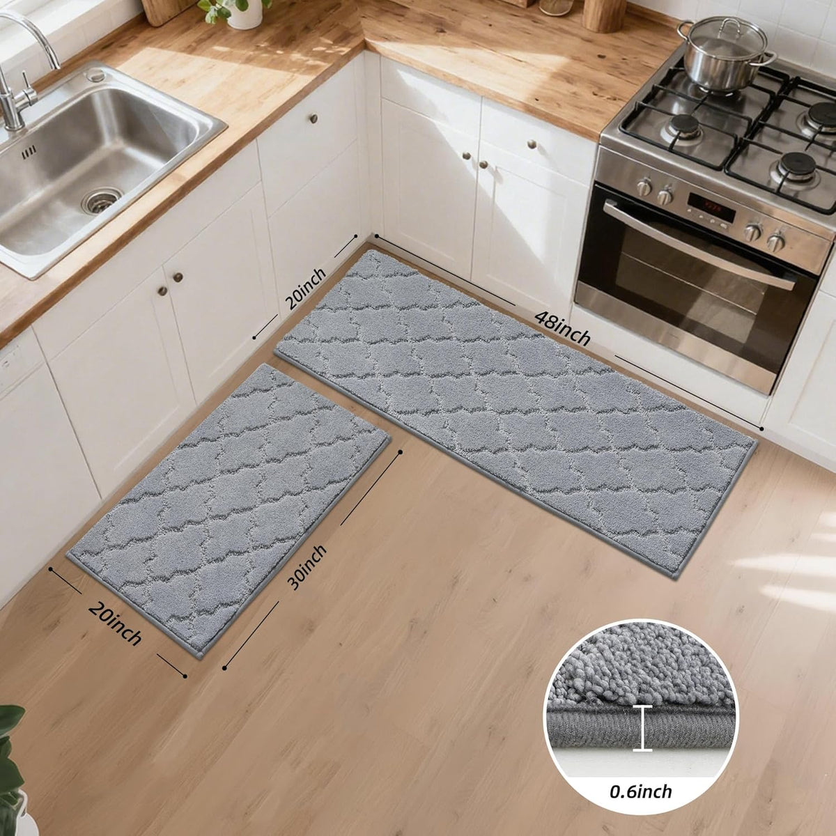 JSEI Kitchen Rugs, Non-Slip Kitchen Mats for Floor, Soft Washable Absorbent Kitchen Mats 2 Pieces, Kitchen Carpet Runner with TPR Backing, Polyester, 20”x32”+20”x48”, Light Grey