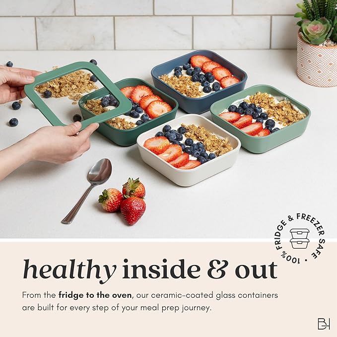 Ceramic Coated Glass Food Storage Container | No PTFE, PFOA, PFAS, and BPA | Reusable Non Toxic Meal Prep Container with Glass Lid | Easy To Store | 5 Cup Square [Willow]