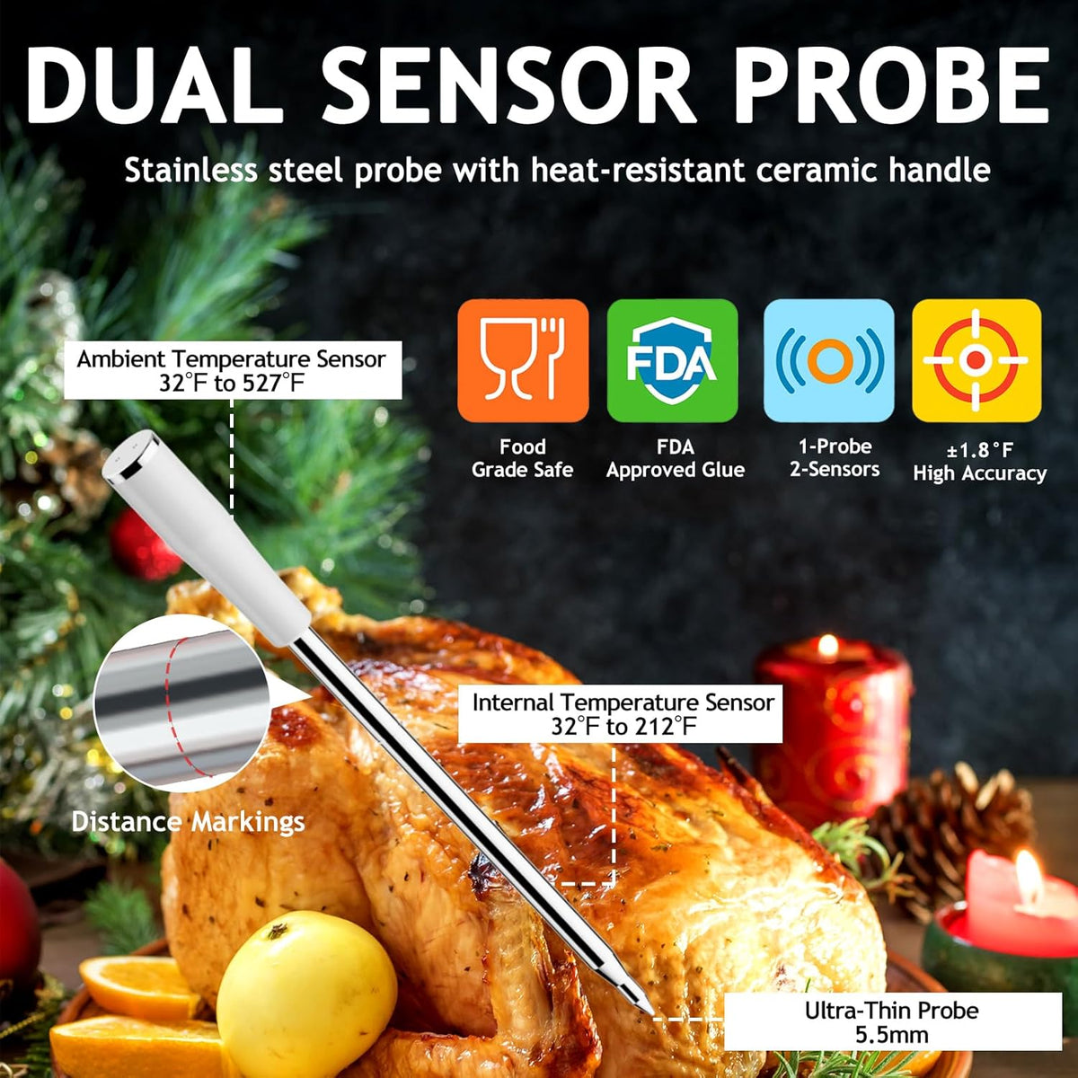 Meat Thermometer Digital Wireless with 800ft Range, Bluetooth 5.3 Food Thermometer with Dual-Temperature Probe, LCD Display and App&Case Setting for Grilling Smoking Cooking