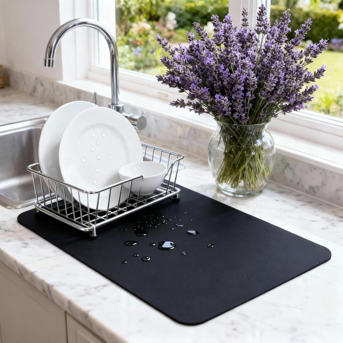 Dish Drying Mat Super Absorbent – 16" x 12" Coffee Mat for Countertops – Non-Slip Drying Mat for Kitchen Counter – Easy to Clean Water Absorbent Mat – Quick Dry Dish Drying Mats (Black)