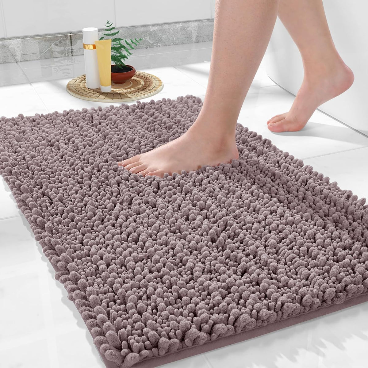 Yimobra Bathroom Rugs Non Slip Washable 24x17 Inch - Ultra Soft Absorbent Chenille Bath Mat, Quick Dry Shaggy Floor Carpet for Tub Shower, Mauve Home Decor Accessories