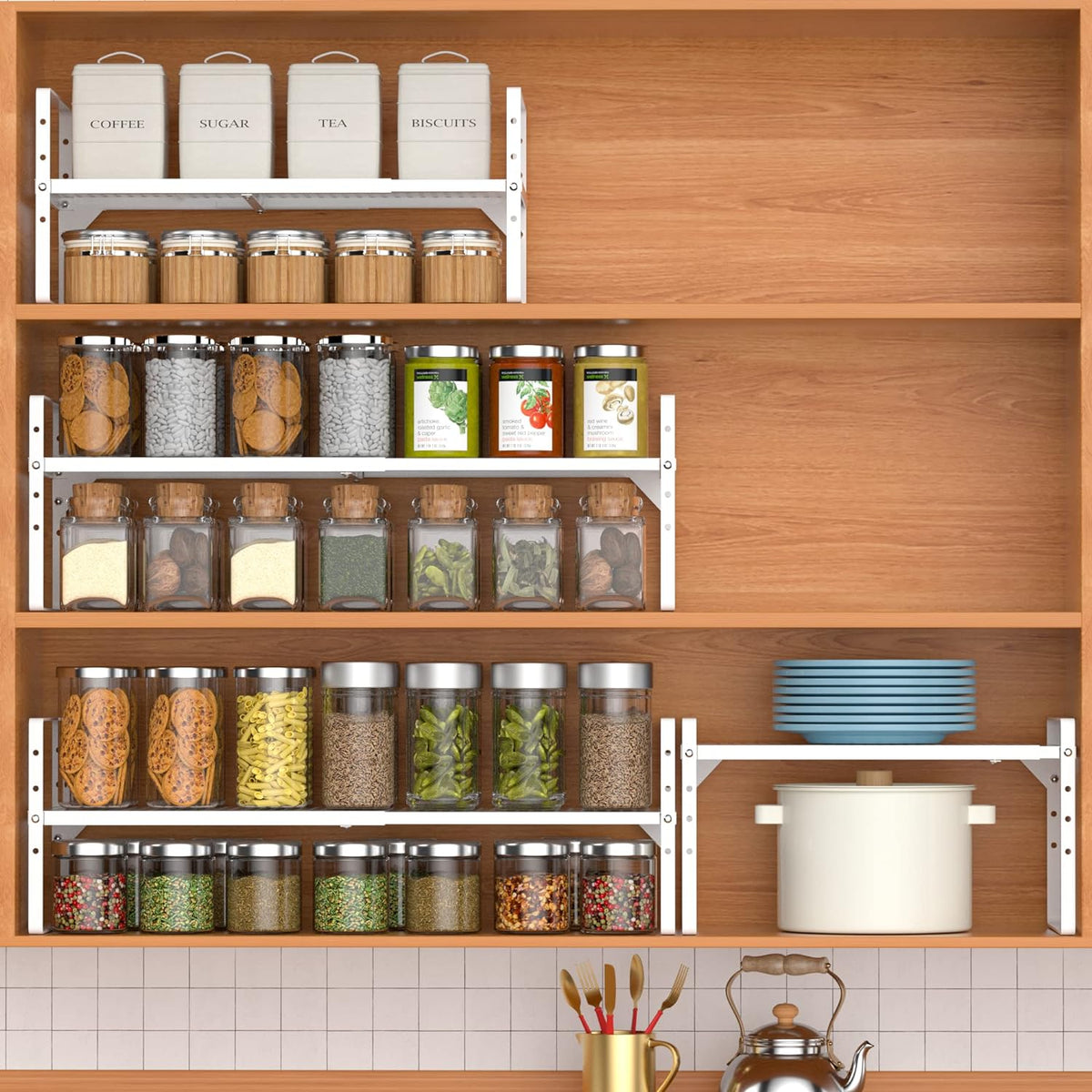iPEGTOP 3 Pack Large Expandable Cabinet Storage Shelf, Heavy Duty Stackable Steel Metal Spice Rack Adjustable Height Home Office Pantry Garage Shelves for Counter Kitchen Organization, White