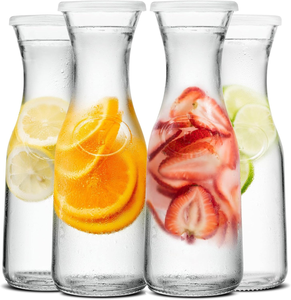 Kook Glass Carafe, Mimosa Bar Supplies, Carafe Pitchers with Lid, Glass Water Pitcher, Drink Dispensers for Parties, Tea, Wine, and Juice, Plastic Lids, Dishwasher Safe, 35 oz (set of 4)