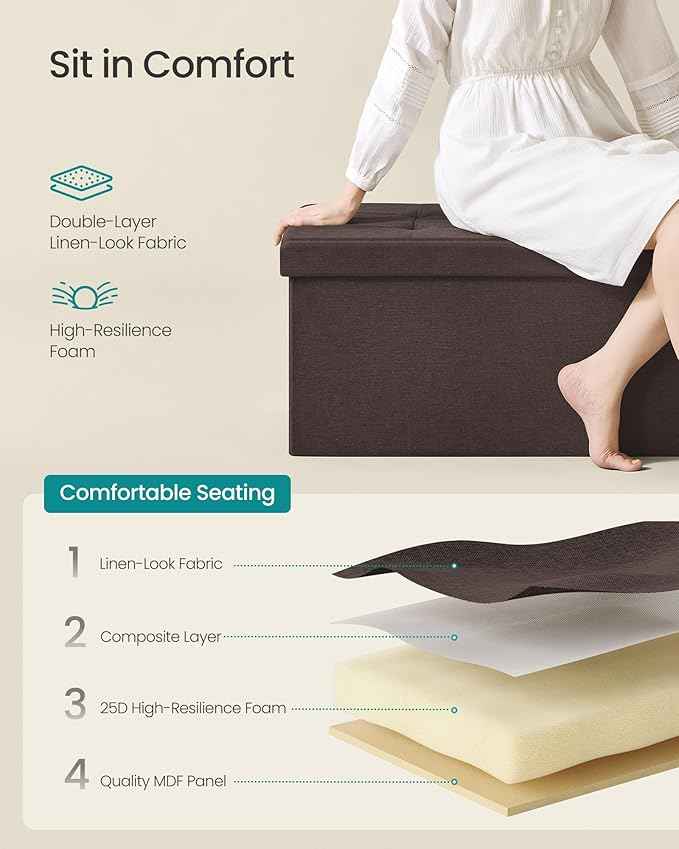 SONGMICS MAZIE Collection - 43 Inches Folding Storage Ottoman Bench, Ottoman Foot Rest, End of Bed Bench, Storage Chest, Load 660 lb, for Living Room, Bedroom, Entryway, Brown ULSF77BR
