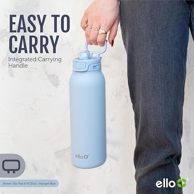 Ello Pop & Fill 22oz Stainless Steel Water Bottle with Quick Fill Technology, Double Walled and Vacuum Insulated Metal, Leak Proof Locking Lid, Sip and Chug, Reusable, BPA Free, Tonal Cream