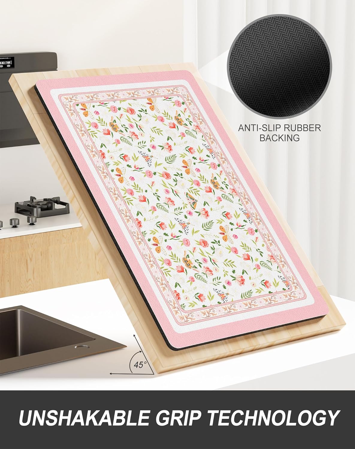Rnivvi Dish Drying Mat for Kitchen Counter, 12 x 19" Cute Flower Theme Super Absorbent Draining Pad, Non-Slip Heat Resistant Coffee Bar Mats for Coffee Machine Station Accessories, Pink Dish Rack Pad