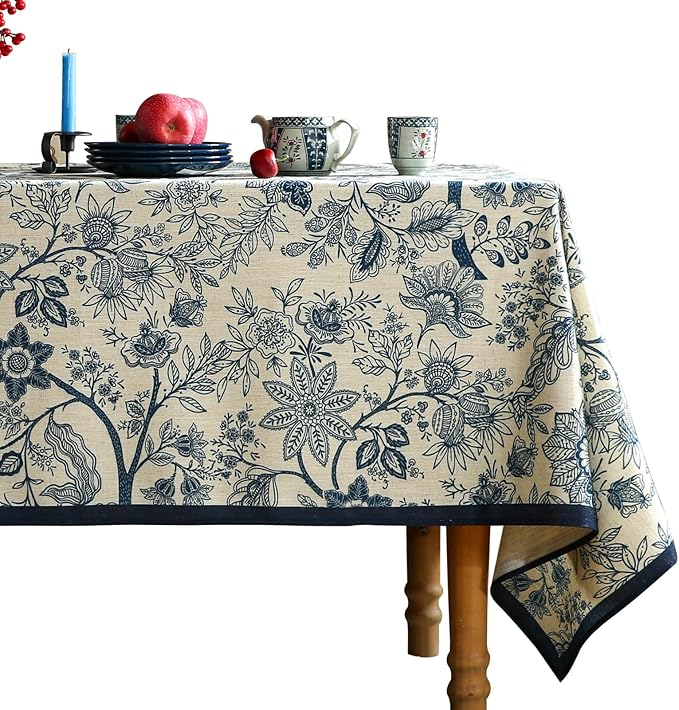 ISAENNE Designer French Linen Square Tablecloth,Blue Floral Washable Indoor Table Cloth,Durable Home Decor Tablecloths for Dining Thanksgiving Kitchen Tea Party Christmas,67"*67"-Ruyi B
