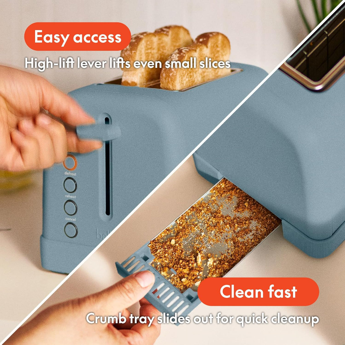bella 2 Slice Toaster, 6 Setting Shade Control w Reheat, Cancel, Bagel & Defrost Buttons, Removable Crumb Tray, Anti Jam & Auto Shutoff, Auto Centering Guides & Cord Wrap, 900 Watt, Surf