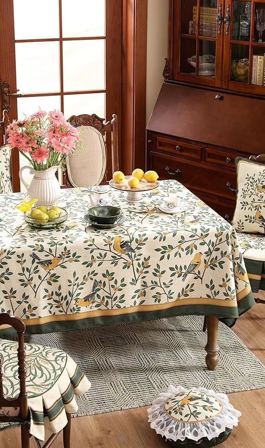 patdrea Designer Green French Linen Rectangular Tablecloth,Vintage Durable Floral Table Cloth,Decorative Table Cover for Kitchen Dining,Parties,Party,Christmas,Thanksgiving,55"x87"-Warbler