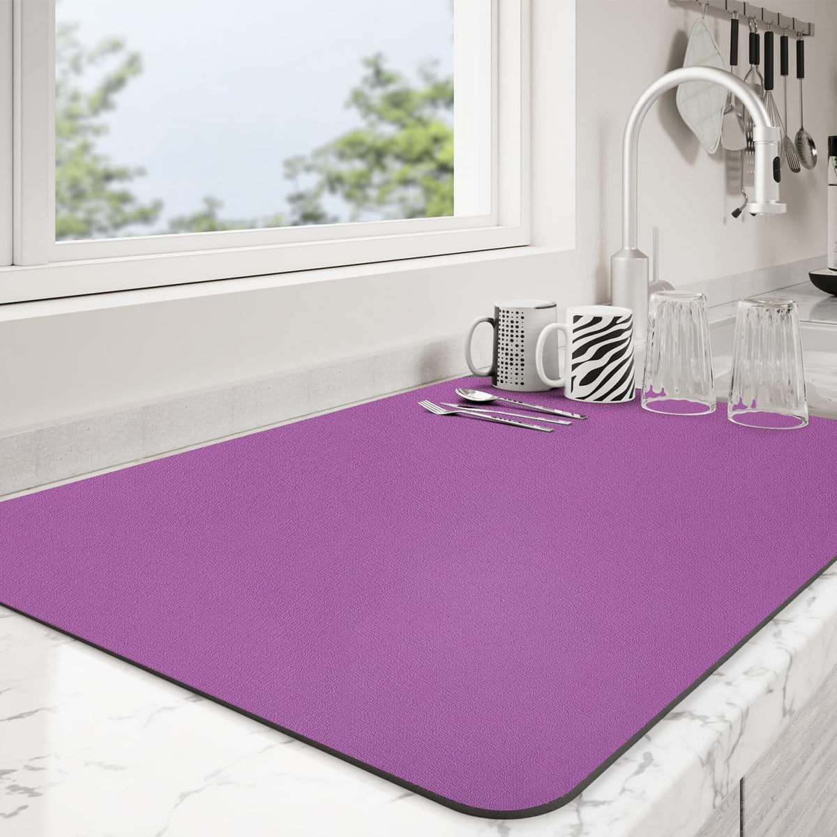Dish Drying Mat for Kitchen Counter | Coffee Bar Mat for Countertops | Heat Resistant Drainer Mat with Non-slip Rubber Backed | Hide Stain Kitchen Absorbent Draining Mat | Purple 16"x20"