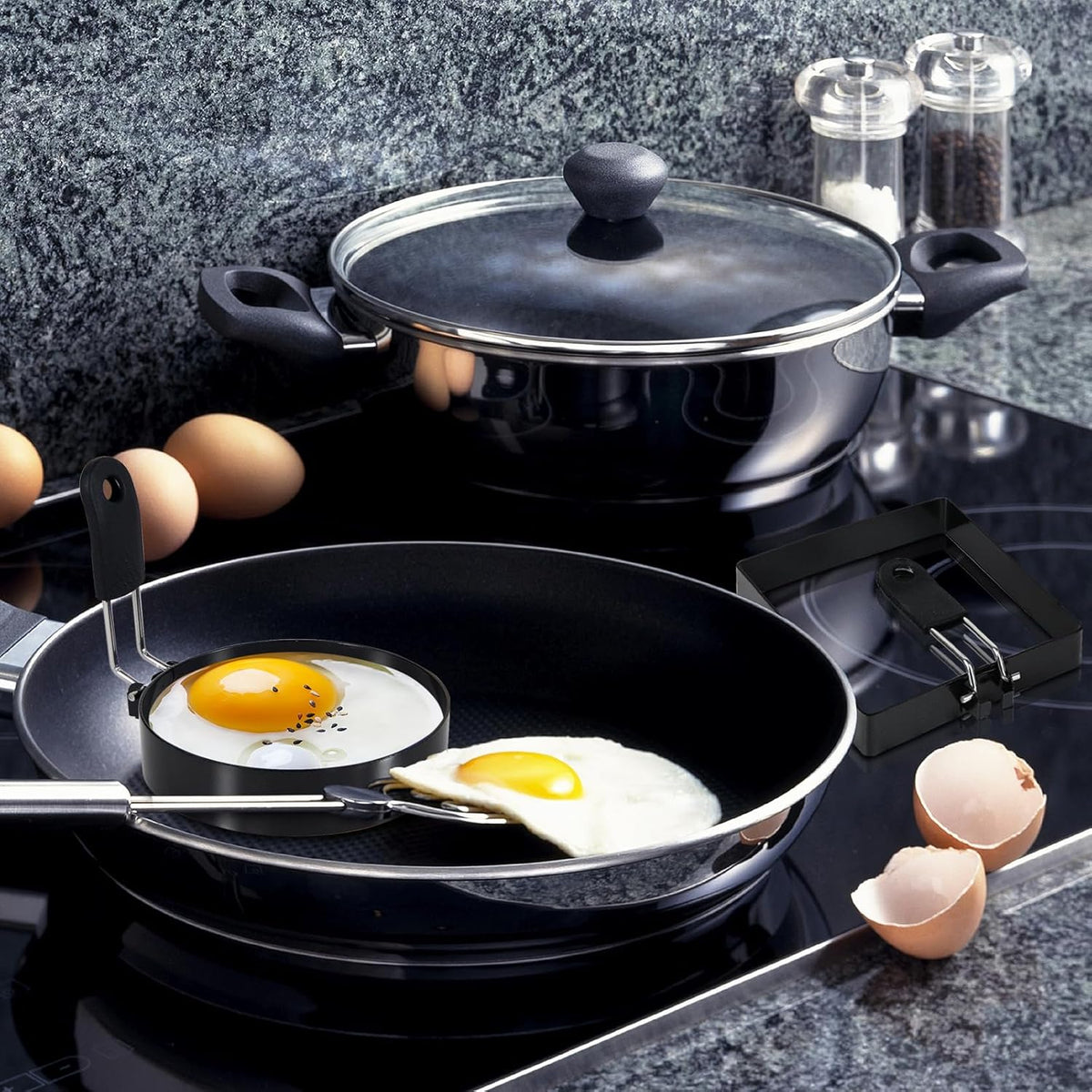 4'' Round+Square Egg Rings Set with Silicone Handle, Stainless Steel Egg Cooking Rings，Nonstick，For Frying Eggs and Egg Mcmuffins, Egg Mold For Breakfast