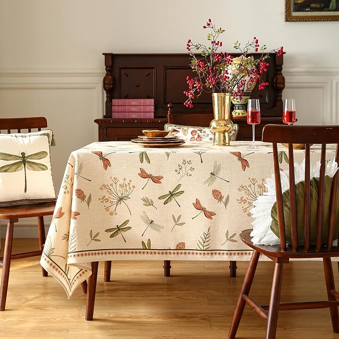 ISAENNE Designer Floral Linen Small Rectangular Tablecloth,French Off White Elegant Table Cloth,Washable Home Decor Tablecloths for Dining Thanksgiving Kitchen Christmas,55"*71"-Grace B