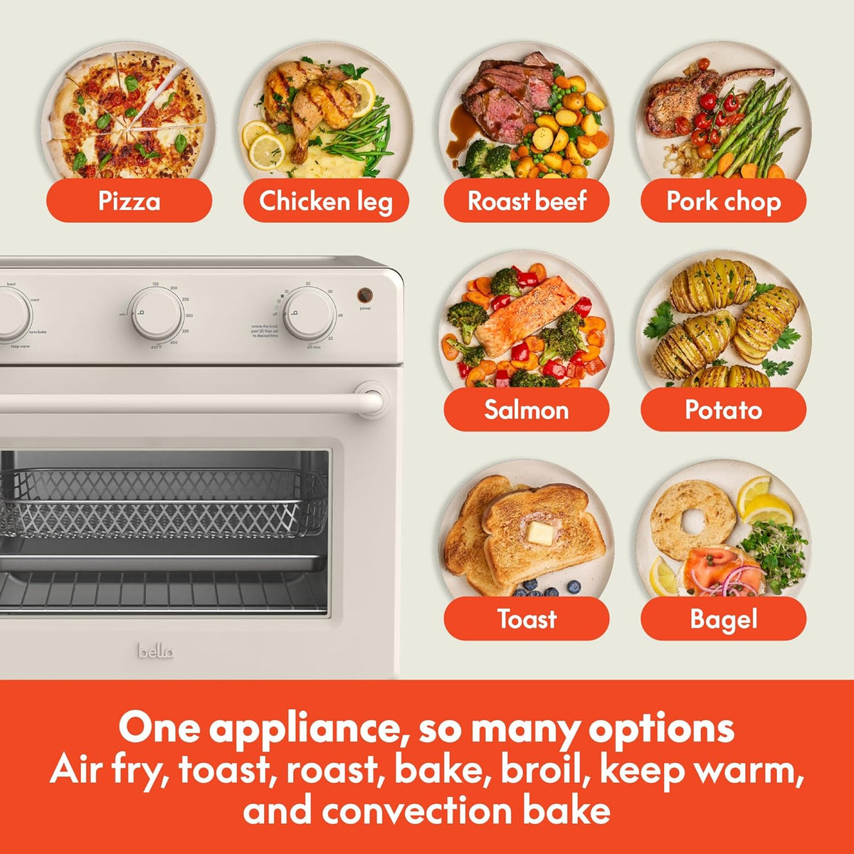 bella Air Fry Toaster Oven, 7 Preset Cooking Options, Dishwasher-Safe EverGood Coated Trays Included, 60-Minute Auto Shutoff w Audible Timer, Power Indicator Light, 1700 Watt, Oatmilk