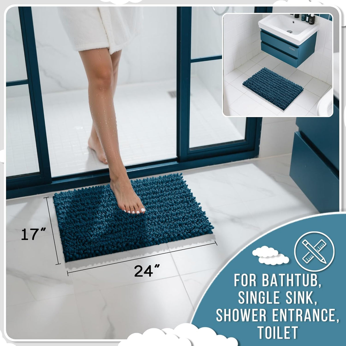 Yimobra Bathroom Rugs Non Slip Washable 24x17 Inch - Ultra Soft Absorbent Chenille Bath Mat, Quick Dry Shaggy Floor Carpet for Tub Shower, Peacock Blue Home Decor Accessories