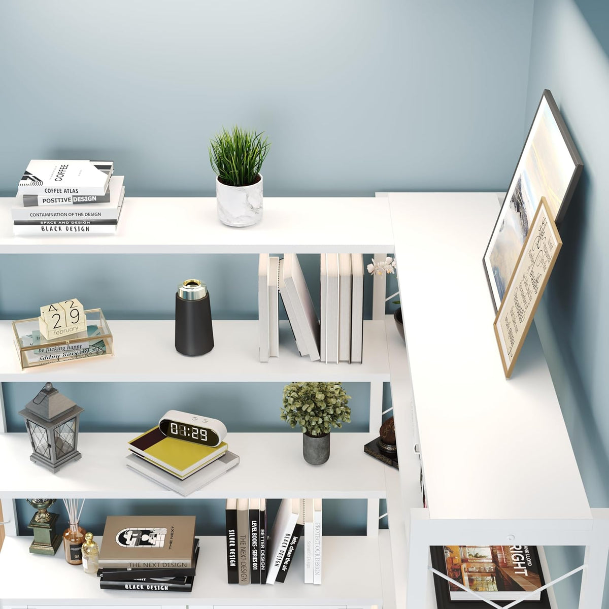 6-Shelf Corner Bookshelf, Vintage Industrial Corner Shelf Etagere Bookcase, Large Book Shelf with Metal Frame Open Storage Corner Cabinet (White-Lockers, Large)