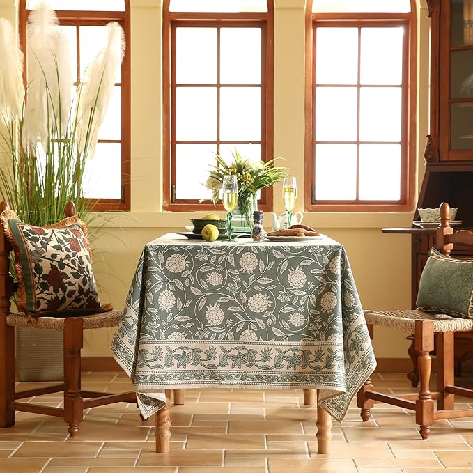 ISAENNE Designer Grayish Green Linen Small Tablecloth Rectangular,Floral Stain Resistant Table Cloth,Fall Vintage Decor Tablecloths for Dining Thanksgiving Kitchen Party,55"*71"-Andrew A