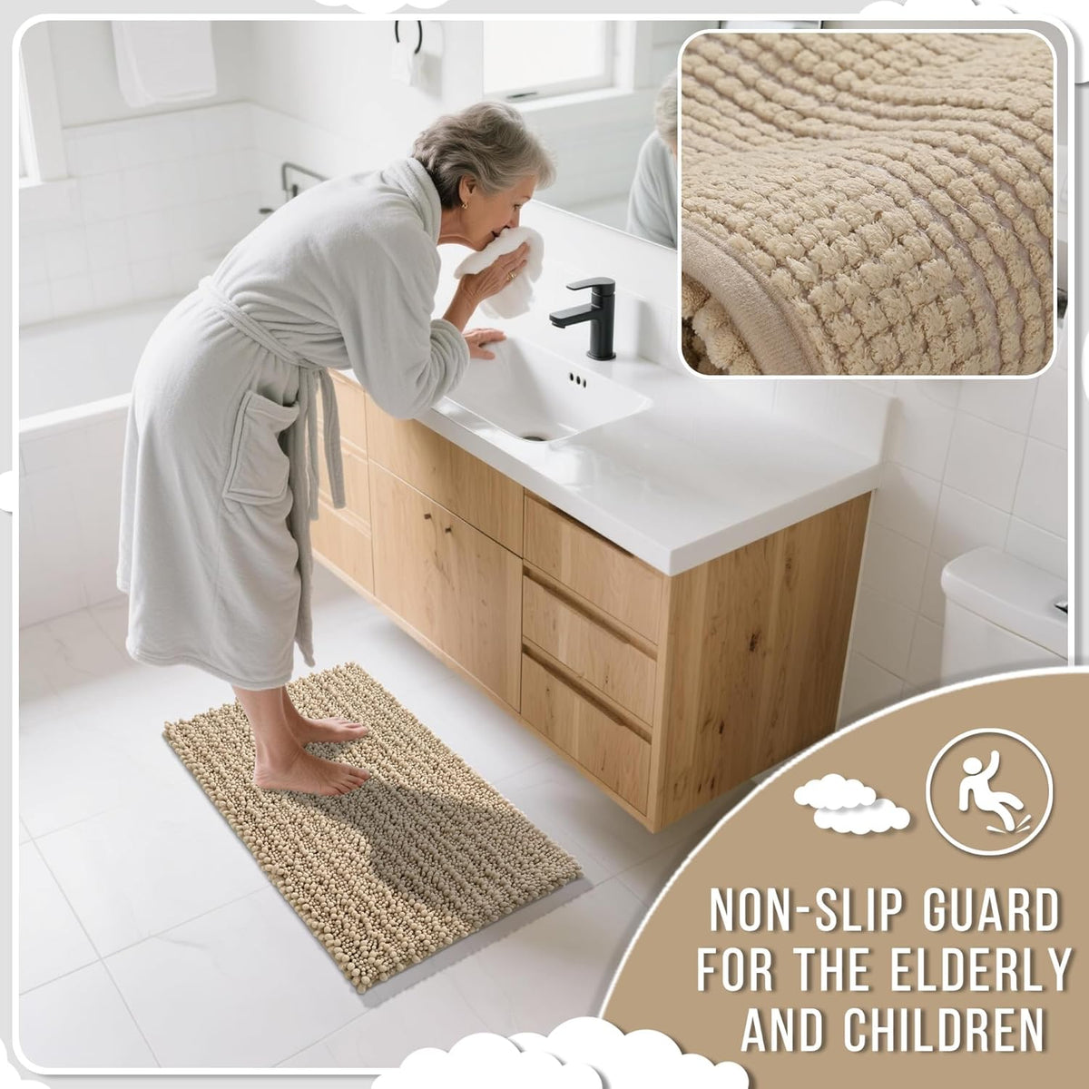 Yimobra Bathroom Rugs Non Slip Washable 32x20 Inch - Ultra Soft Absorbent Chenille Bath Mat, Quick Dry Shaggy Floor Carpet for Tub Shower, Pale Khaki Home Decor Accessories