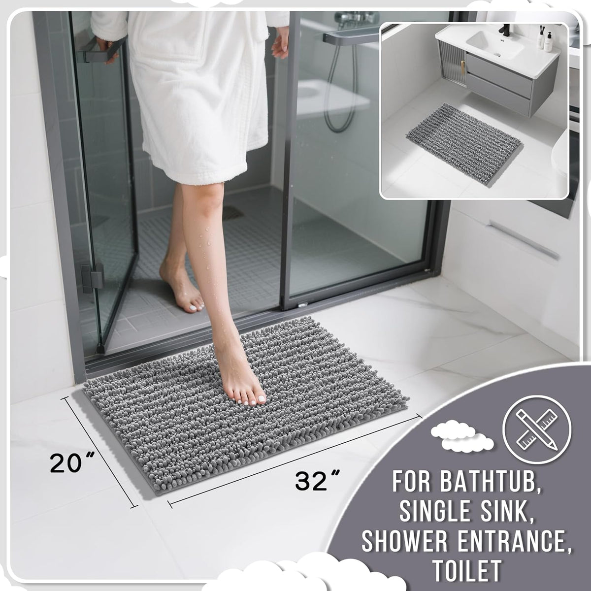Yimobra Bathroom Rugs Non Slip Washable 32x20 Inch - Ultra Soft Absorbent Chenille Bath Mat, Quick Dry Shaggy Floor Carpet for Tub Shower, Gray Home Decor Accessories