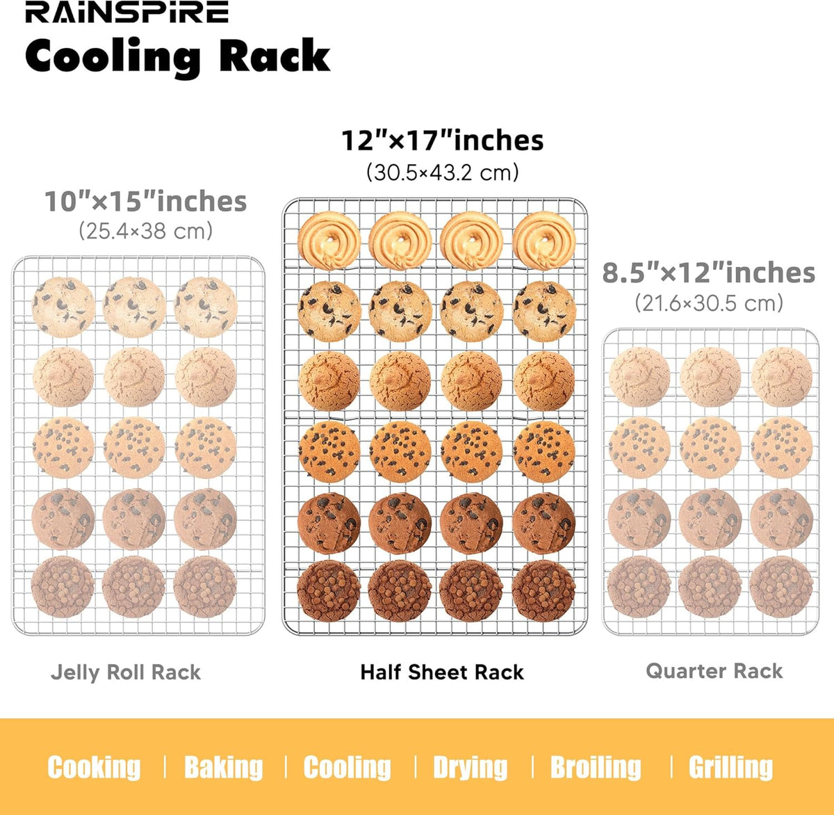 Rainspire Cooling Rack Stainless Steel, Heavy Duty Cooling Racks for Cooking and Baking, Oven Safe Wire Rack for Cooking, Baking Rack for Oven Cooking Fits Half Sheet Cookie Pan, 12" x 17", 1-Pack