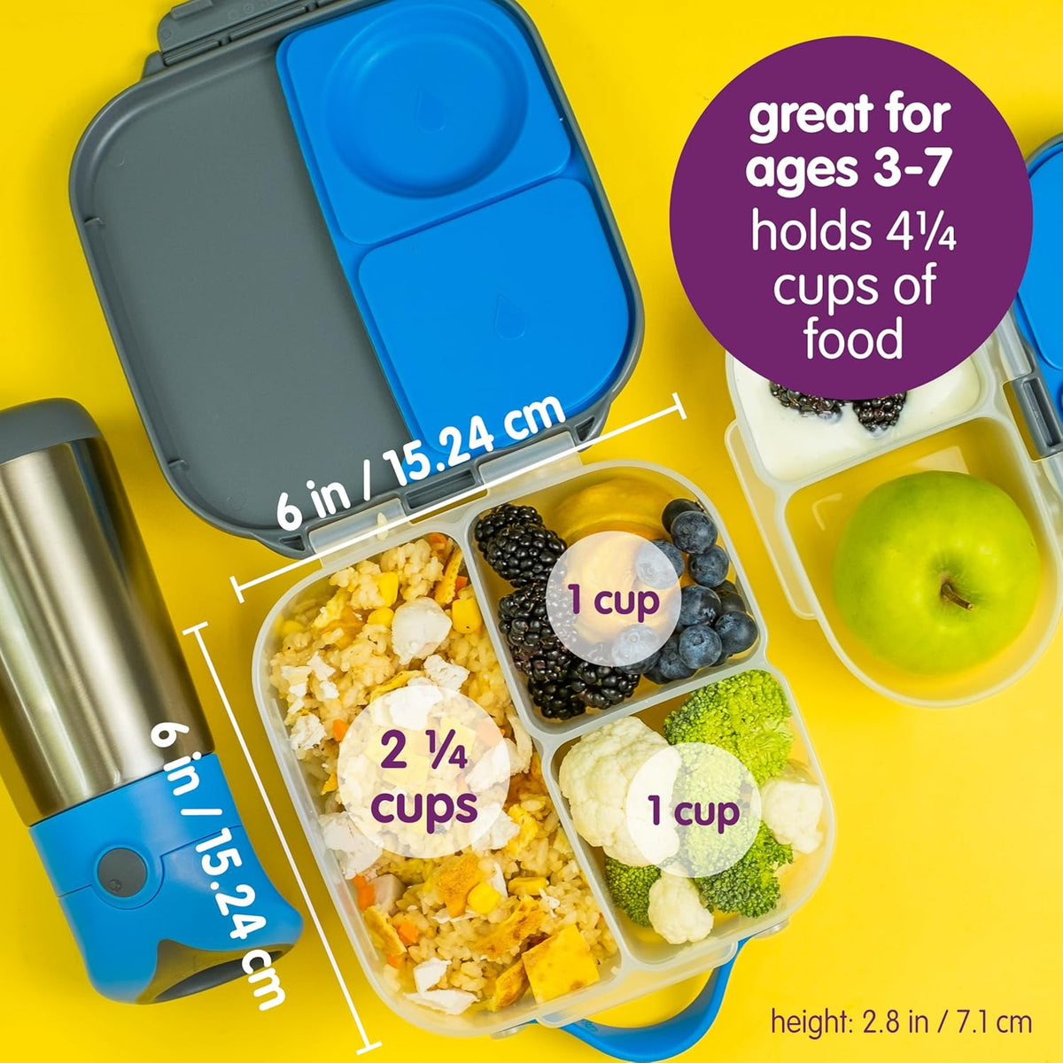 b.box Mini Lunch Box, Bento Box for Kids, Snack Container with 2 Leak Proof Compartments, Reusable Snack Containers with Lids, Kids Lunch Boxes Ages 3+, BPA Free, 4 1/4 Cup Capacity (Ocean Breeze)