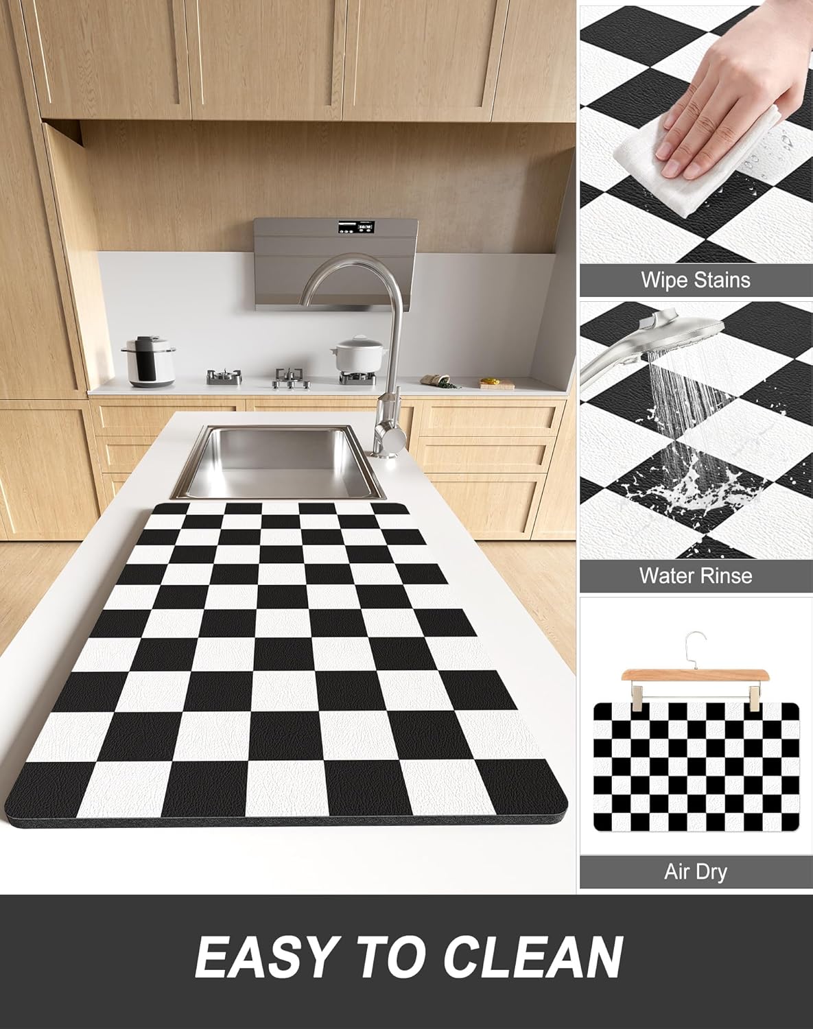 Rnivvi Dish Drying Mat for Kitchen Counter, 12 x 19" Cute Checkered Absorbent Draining Pad, Non-Slip Heat Resistant Coffee Bar Mats for Coffee Machine Station Accessories, Black White Dish Rack Pad