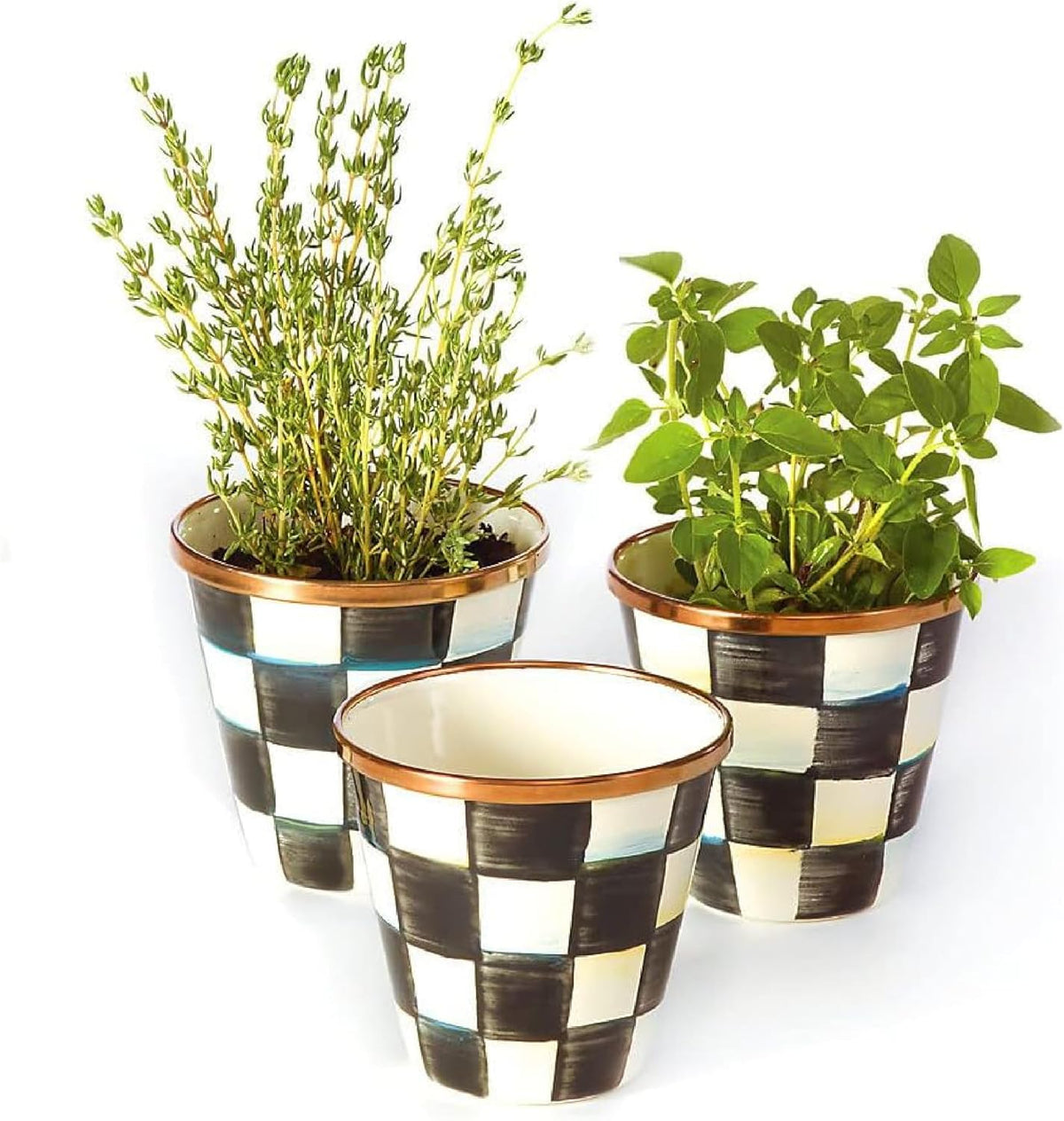 MACKENZIE-CHILDS Enamel Herb Pots, Small Plant Pots for Herbs or Flowers, Set of 3, Black-and-White Courtly Check