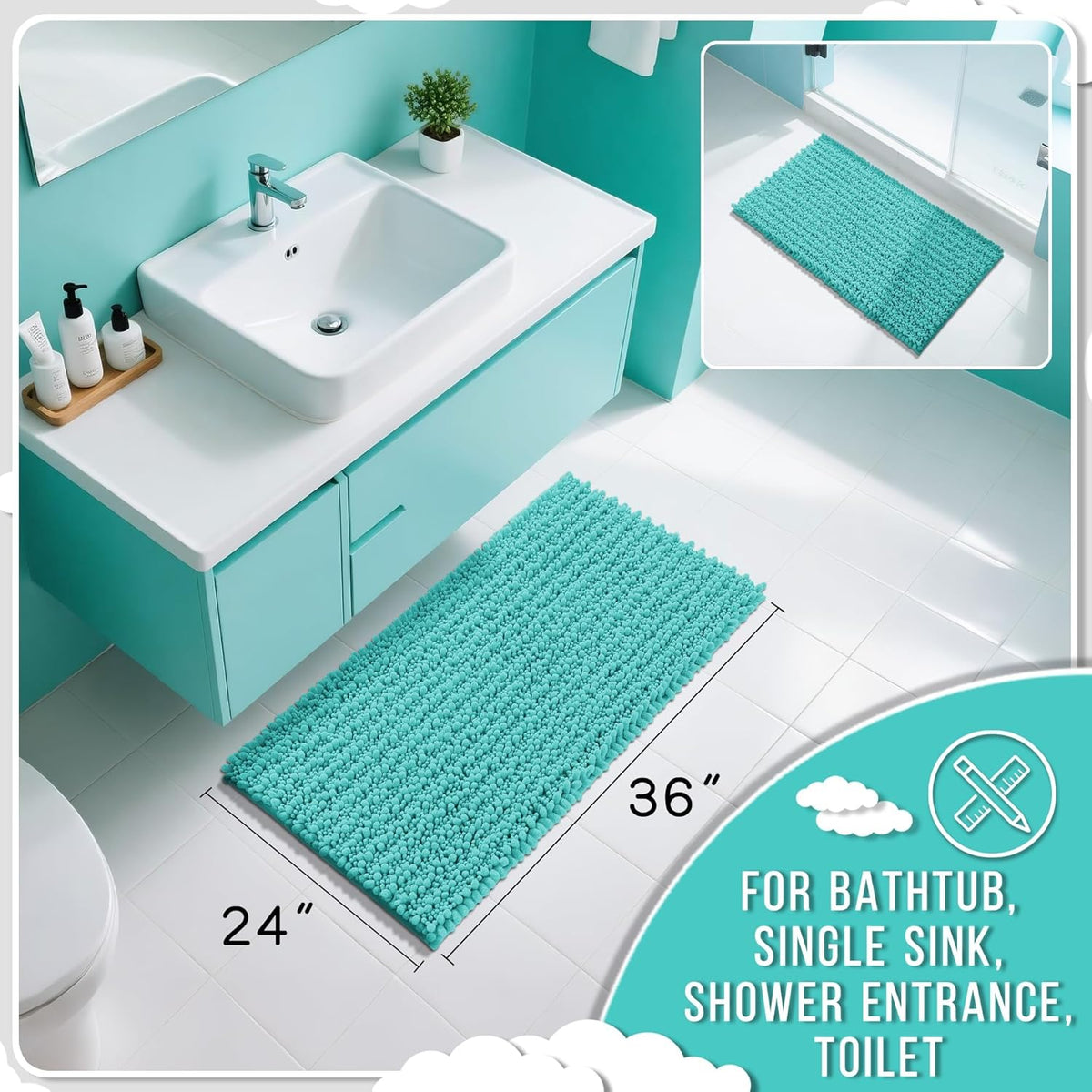 Yimobra Large Bathroom Rugs Non Slip Washable 36x24 Inch - Ultra Soft Absorbent Chenille Bath Mat, Quick Dry Shaggy Floor Carpet for Tub Shower, Lake Blue Home Decor Accessories