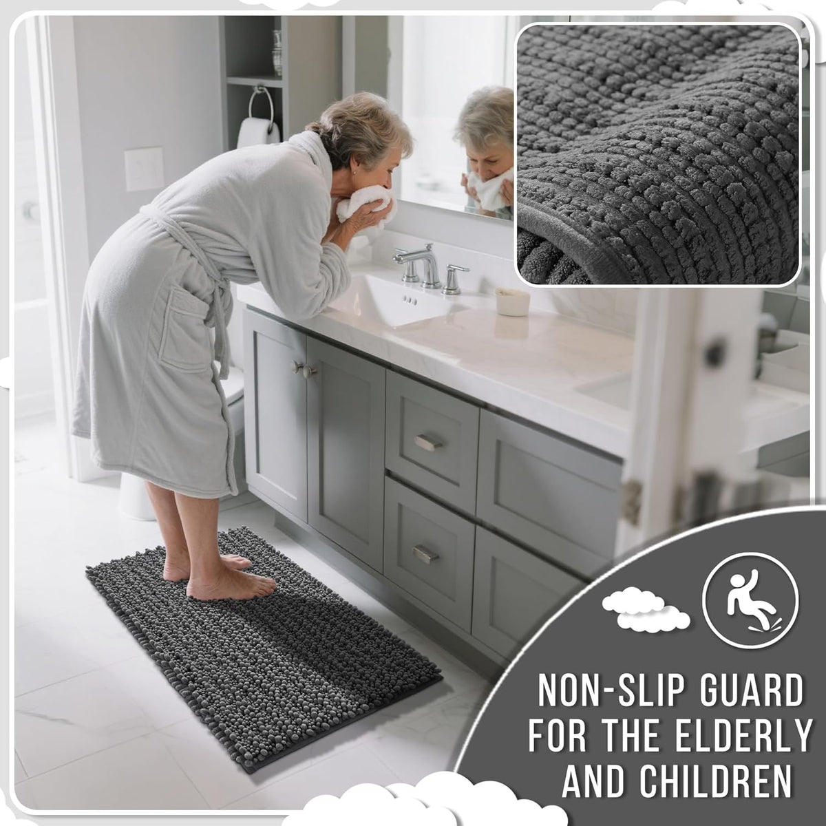 Yimobra Bathroom Rugs Non Slip Washable 24x17 Inch - Ultra Soft Absorbent Chenille Bath Mat, Quick Dry Shaggy Floor Carpet for Tub Shower, Dark Gray Home Decor Accessories