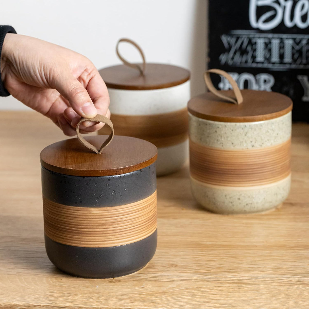 Ceramic Jar with Lid, Coffee Container Kitchen Food Storage Jars for Spice Sugar Tea Bag, Stackable Decorative Jars for Countertop, Black & 18oz