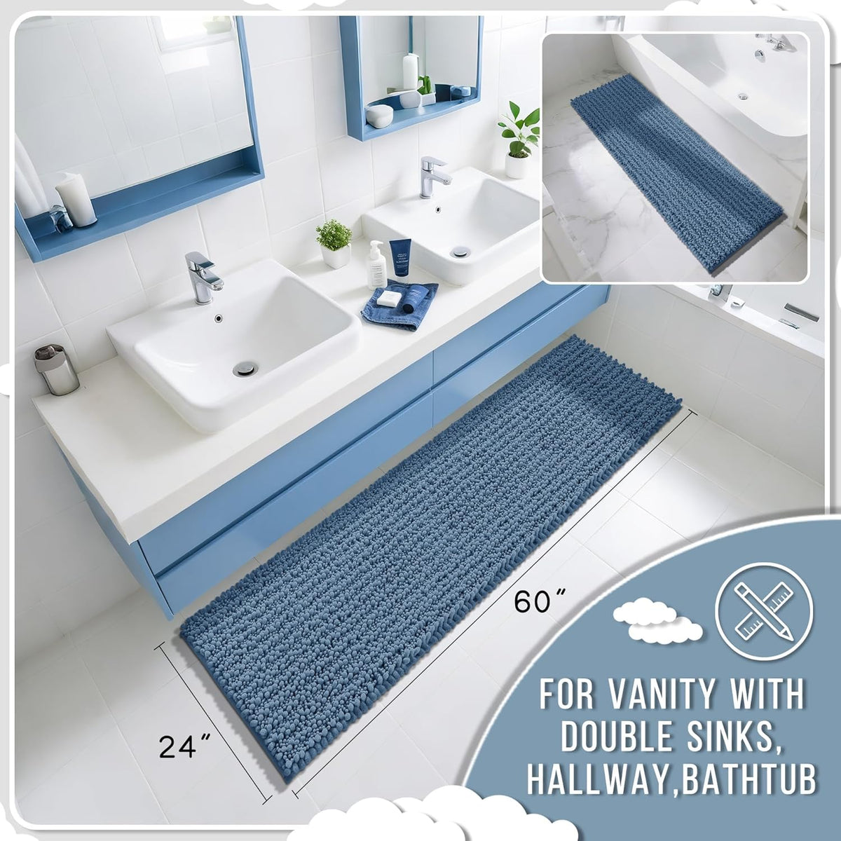 Yimobra Bathroom Runner Rug 60x24 Inch - Extra Long Non Slip Chenille Bath Mat, Soft & Absorbent, Machine Washable Shaggy Hallway Carpet for Vanity Tub Shower, Denim Blue Home Decor Accessories