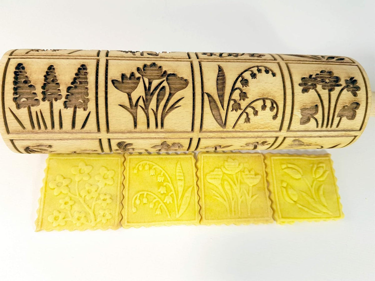 Embossing Rolling Pin SPRING FLOWERS with 16 different spring flowers by Algis Crafts
