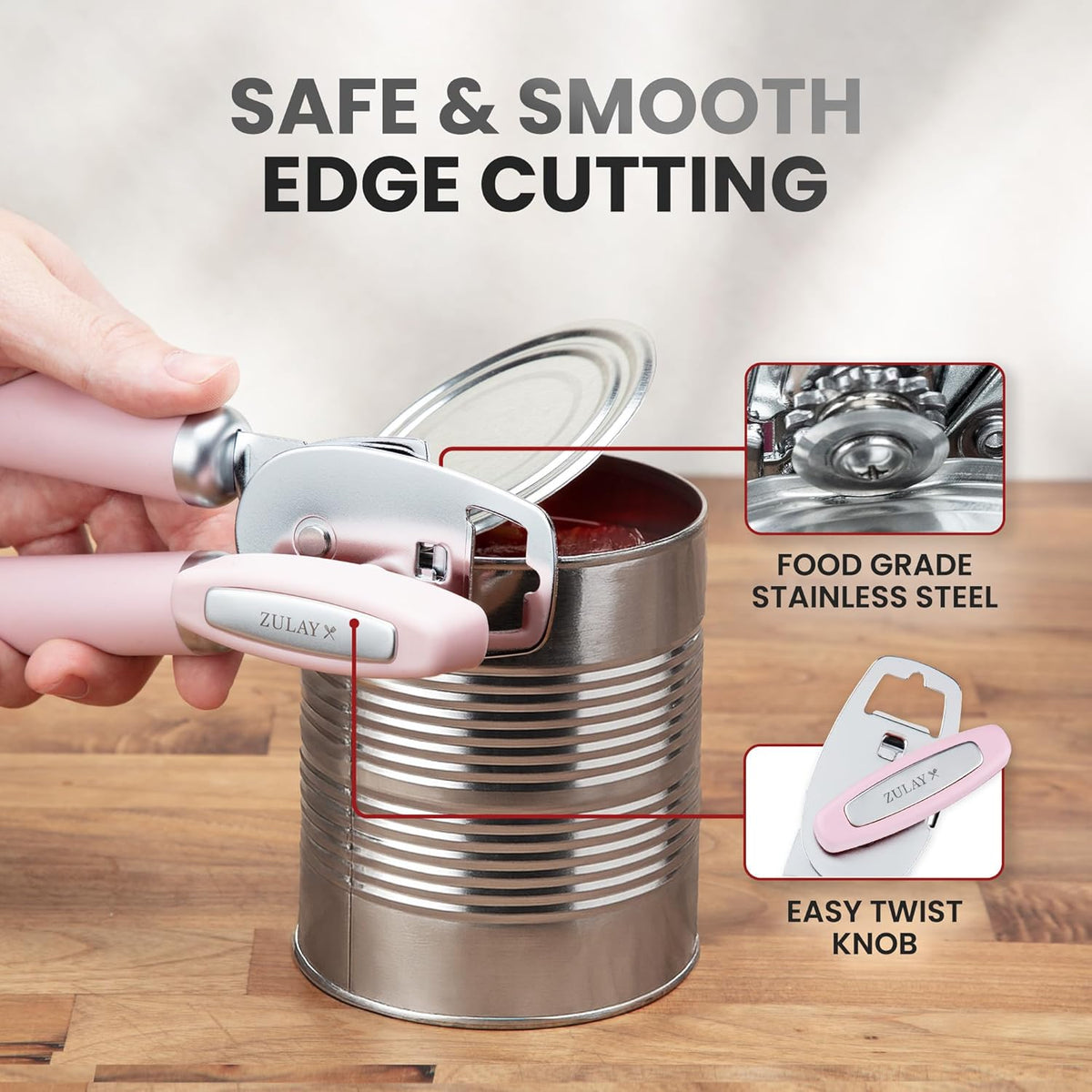 Zulay Kitchen Heavy Duty Stainless Steel Can Opener Manual with Bottle Opener - Rust Proof Manual Can Opener With Turn Knob & Comfy Soft Grip Handles - Light Pink