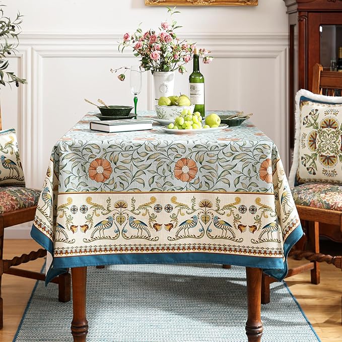 patdrea Designer French Linen Blue Tablecloth for Rectangle Table,Vintage Floral Table Cloth,Colorful Decoration Fall Cover Kitchen Dining for Thanksgiving,Tea Party,Christmas,67"x118"-Wensel