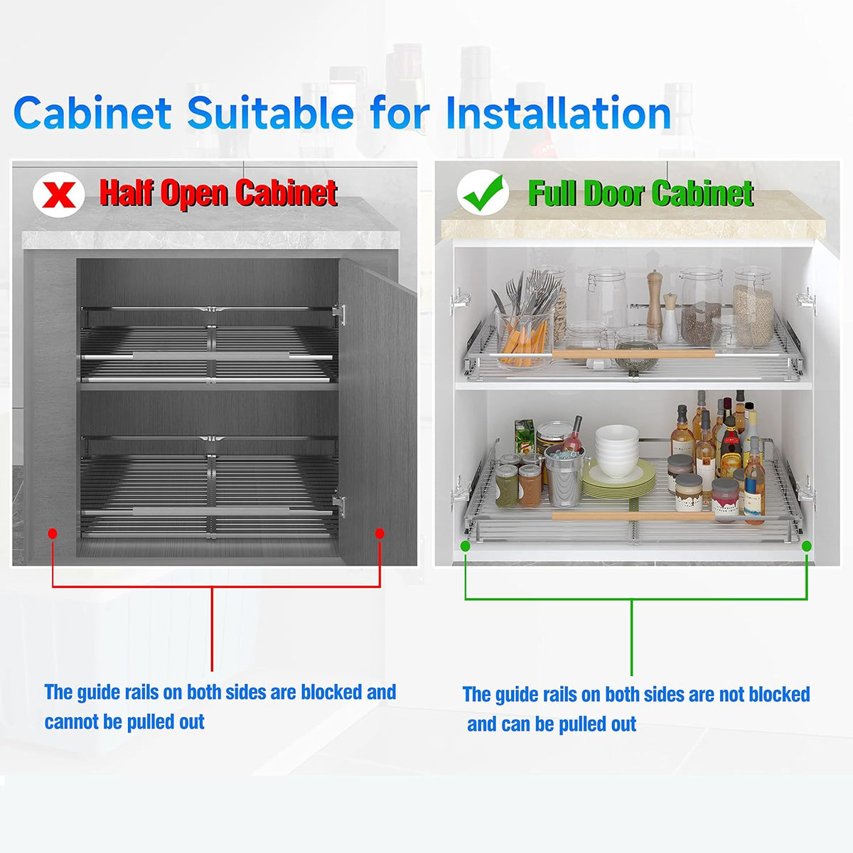 Expandable Pull Out Cabinet Organizer,23~39.8"W x 22.5"D Heavy Duty Slide Out Shelves Adjustable Height Cabinet Pull Out Shelves,Expandable Width Spice Rack Organizer for Kitchen Cabinet
