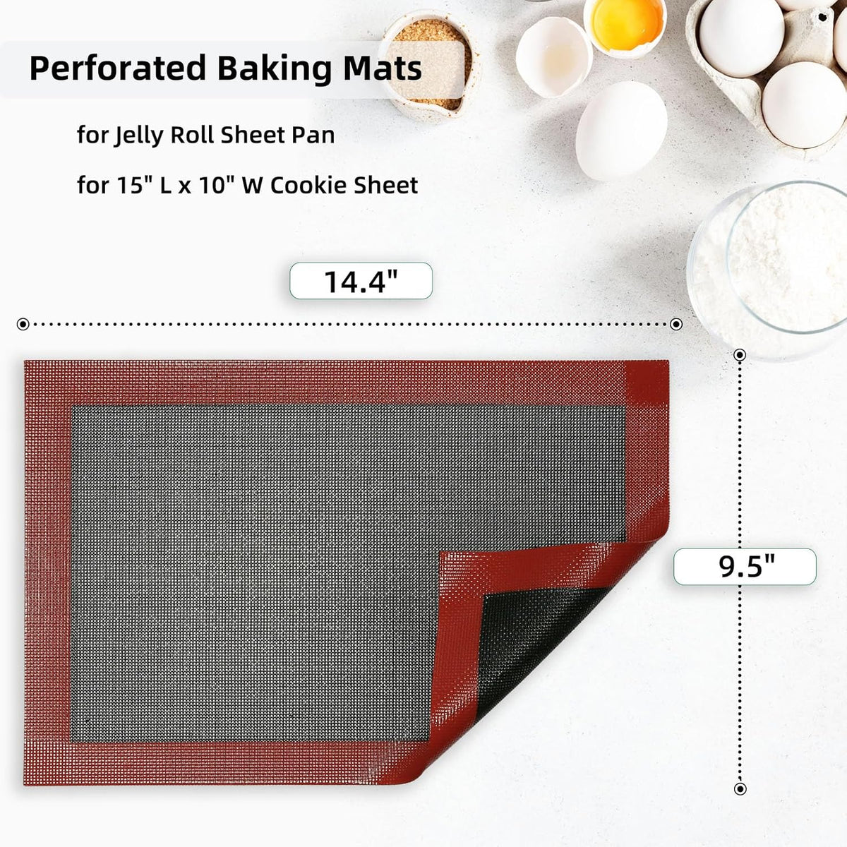 Perforated Silicone Baking Mat for Jelly Roll Pan, Non-Stick Eclair Baking Mat for 10 x 15-inch Tray Pan, 2 Pcs Mesh Cookie Sheet Liner for Homemade Bread, Sugar Cookie and Pastry