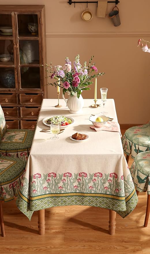 patdrea Designer Vintage Tablecloth for Rectangle Table,Green Linen Leaves Pattern Extra Long Table Cloth,Cover Decor for Kitchen Dining Christmas Thanksgiving,Tea Party,63"x110"-Cecilia D